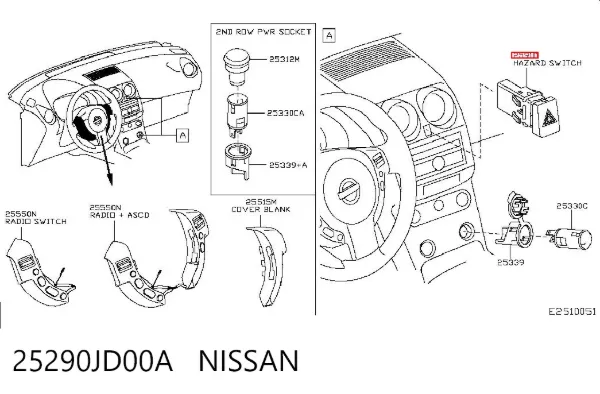 Botão de ativação do sinal de emergência 25290JD00A Nissan/Infiniti