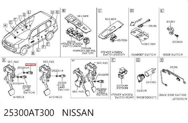 Sensor de ativação do sinal de parada 25300AT300 Nissan/Infiniti