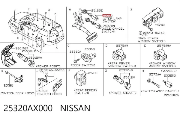 Sensor de ativação do sinal de parada 25320AX000 Nissan/Infiniti