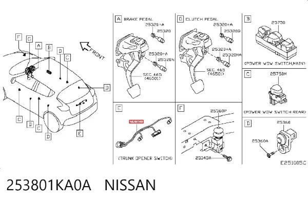 Botão de acionamento do fecho de tampa de porta-malas (de 3ª/5ª porta (de tampa de alcapão) 253801KA0A Nissan/Infiniti