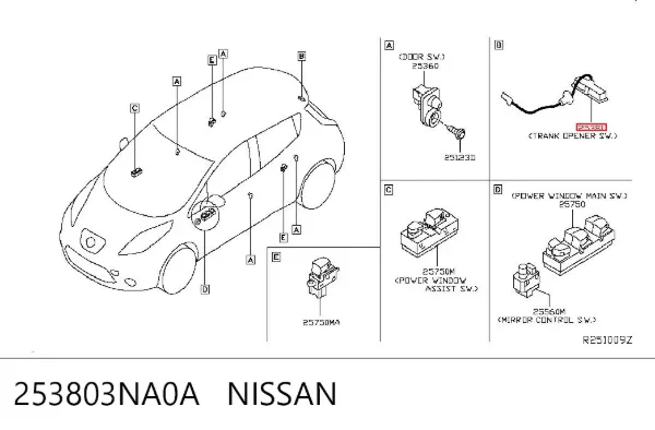 Botão de acionamento do fecho de tampa de porta-malas (de 3ª/5ª porta (de tampa de alcapão) 253803NA0A Nissan/Infiniti