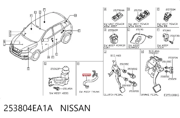 Botão de acionamento do fecho de tampa de porta-malas (de 3ª/5ª porta (de tampa de alcapão) 253804EA1A Nissan/Infiniti