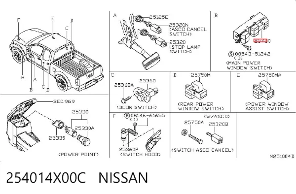 Unidade de botões dianteira direita de controlo de elevador de vidro 254014X00C Nissan/Infiniti
