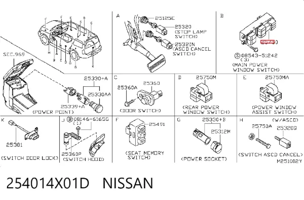 Unidade de botões dianteira esquerda de controlo de elevador de vidro 254014X01D Nissan/Infiniti