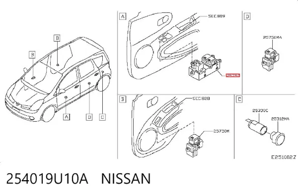 Unidade de botões dianteira esquerda de controlo de elevador de vidro 254019U10A Nissan/Infiniti
