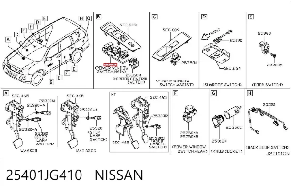 Unidade de botões dianteira esquerda de controlo de elevador de vidro 25401JG410 Nissan/Infiniti