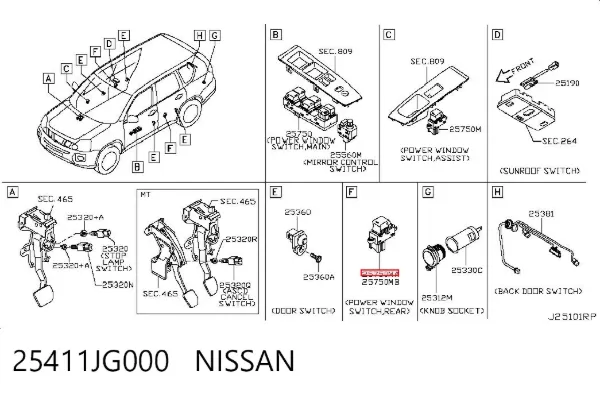 Botão dianteiro direito de ativação de motor de acionamento de vidro 25411JG000 Nissan/Infiniti