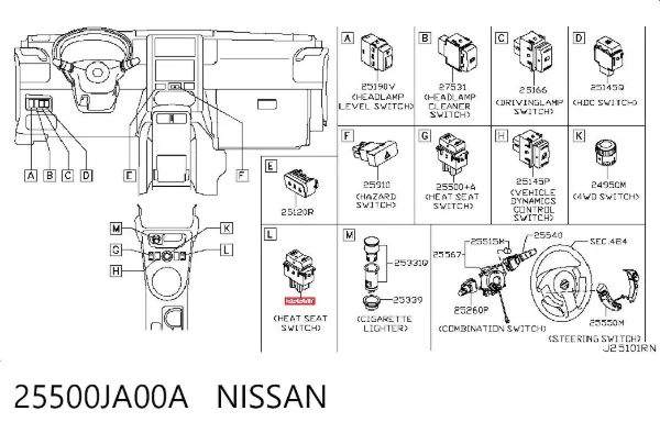 Botão de ativação de aquecimento do assento 25500JA00A Nissan/Infiniti