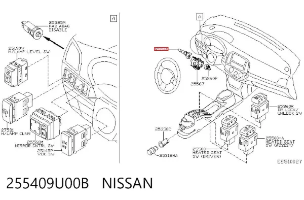 Comutador esquerdo instalado na coluna da direção 255409U00B Nissan/Infiniti