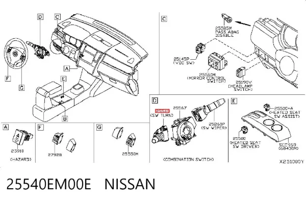Comutador esquerdo instalado na coluna da direção 25540EM00E Nissan/Infiniti