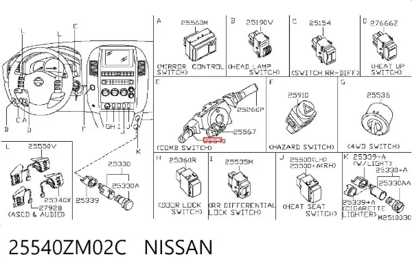Comutador esquerdo instalado na coluna da direção 25540ZM02C Nissan/Infiniti
