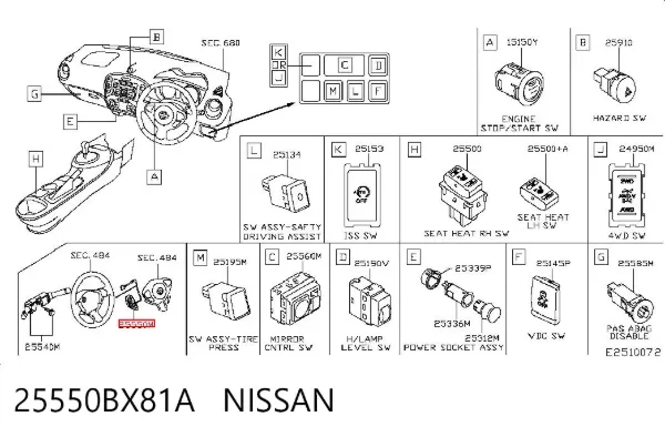 Unidade de interruptores de botão do volante de direção 25550BX81A Nissan/Infiniti
