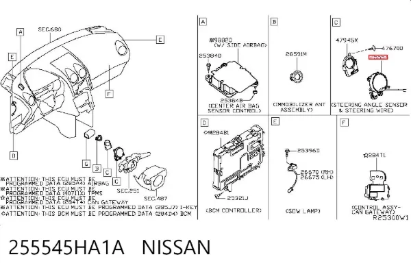 Anel AIRBAG de contato, cabo plano do volante 255545HA1A Nissan/Infiniti