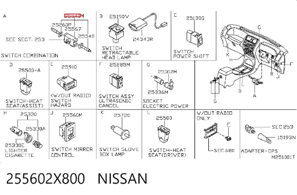 Comutador instalado na coluna da direção, montado 255602X800 Nissan/Infiniti