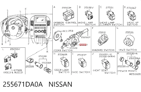Comutador instalado na coluna da direção, parte central 255671DA0A Nissan/Infiniti