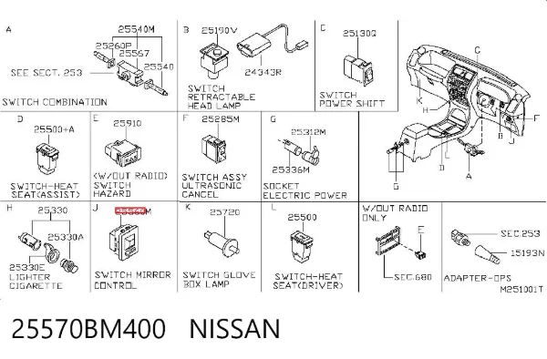 Unidade de controlo dos espelhos de retrovisão, no painel de instrumentos 25570BM400 Nissan/Infiniti