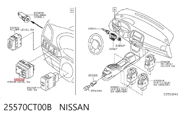 Unidade de controlo dos espelhos de retrovisão, no painel de instrumentos 25570CT00B Nissan/Infiniti