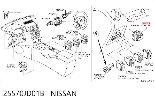 Unidade de controlo dos espelhos de retrovisão, no painel de instrumentos 25570JD01B Nissan/Infiniti