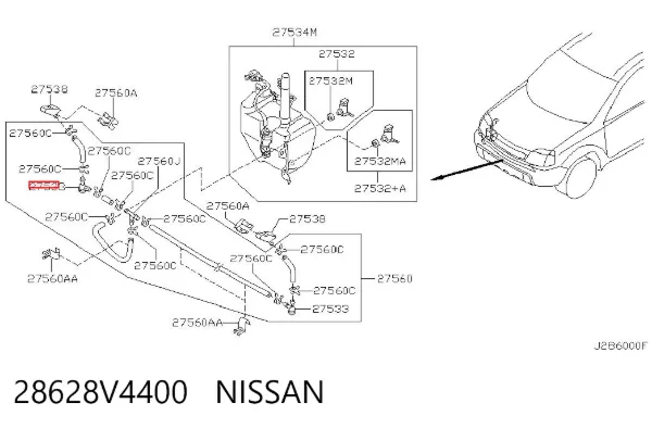 Válvula de retenção de fluido para lavador das luzes 28628V4400 Nissan/Infiniti
