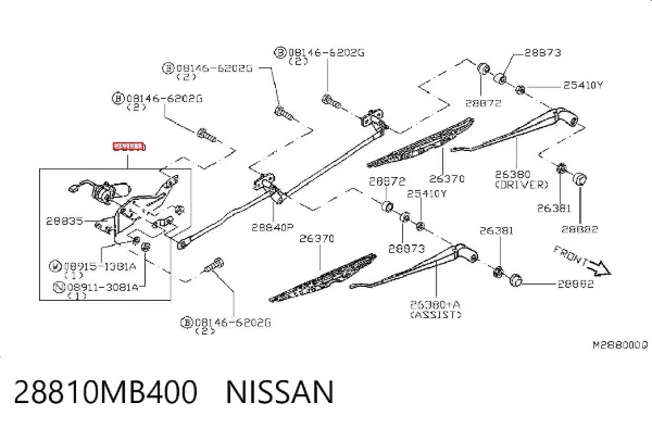 Motor de limpador pára-brisas do pára-brisas 28810MB400 Nissan/Infiniti
