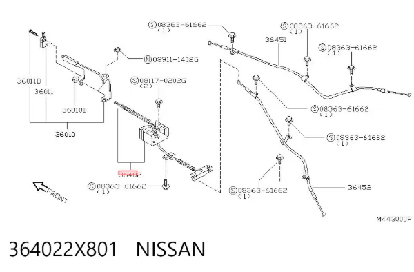 Cabo do freio de estacionamento dianteiro 364022X801 Nissan/Infiniti
