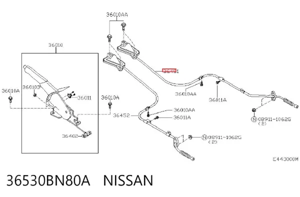 Cabo do freio de estacionamento traseiro direito 36530BN80A Nissan/Infiniti
