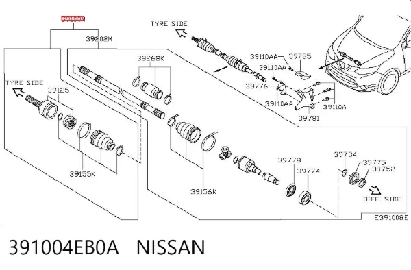 Semieixo (acionador) dianteiro direito 391004EB0A Nissan/Infiniti