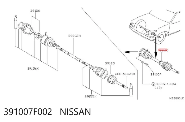 Semieixo (acionador) dianteiro 391007F002 Nissan/Infiniti