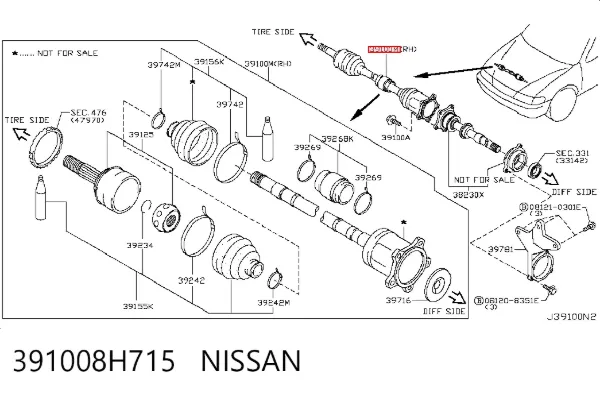 Semieixo (acionador) dianteiro direito 391008H715 Nissan/Infiniti