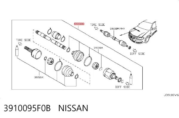 Semieixo (acionador) dianteiro direito 3910095F0B Nissan/Infiniti