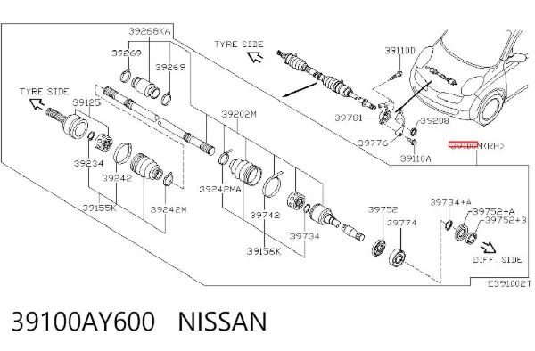 Semieixo (acionador) dianteiro direito 39100AY600 Nissan/Infiniti