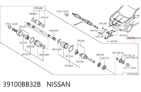 Semieixo (acionador) dianteiro direito 39100BB32B Nissan/Infiniti