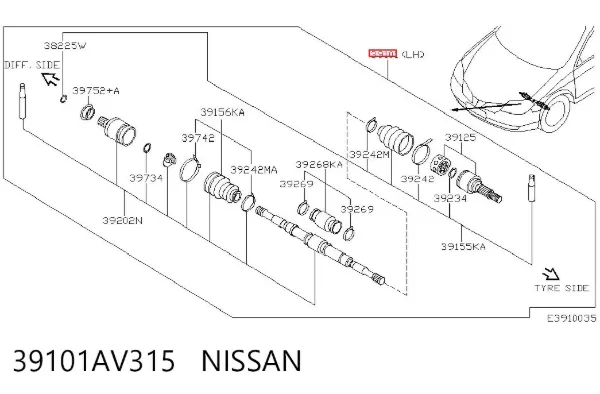 Semieixo (acionador) dianteiro esquerdo 39101AV315 Nissan/Infiniti
