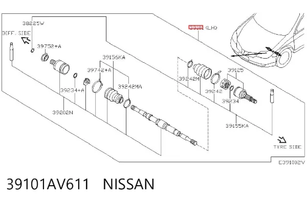 Semieixo (acionador) dianteiro esquerdo 39101AV611 Nissan/Infiniti