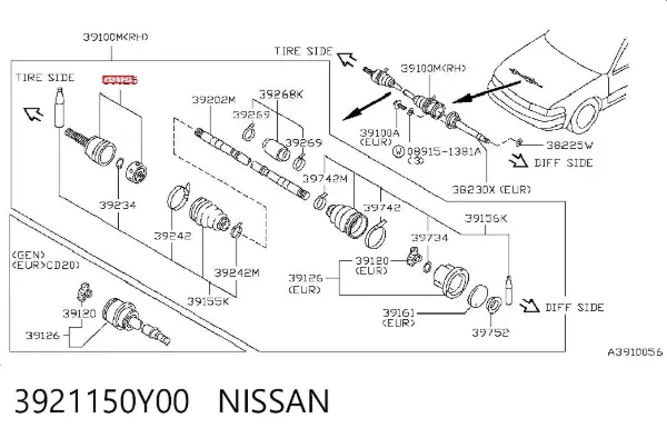 Junta homocinética externa dianteira 3921150Y00 Nissan/Infiniti