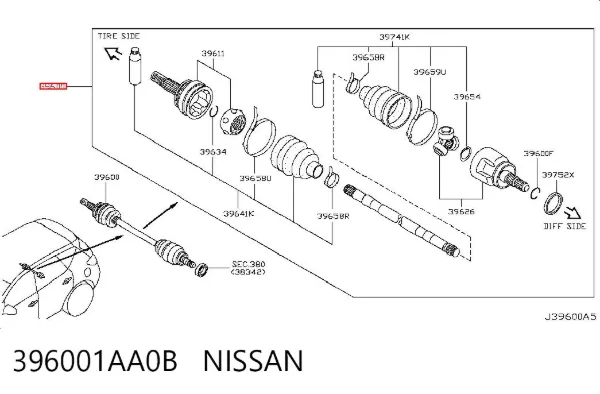 Semieixo traseiro 396001AA0B Nissan/Infiniti