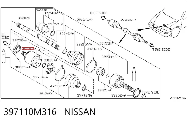Junta homocinética interna dianteira esquerda 397110M316 Nissan/Infiniti