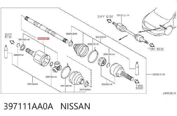 Junta homocinética interna dianteira esquerda 397111AA0A Nissan/Infiniti