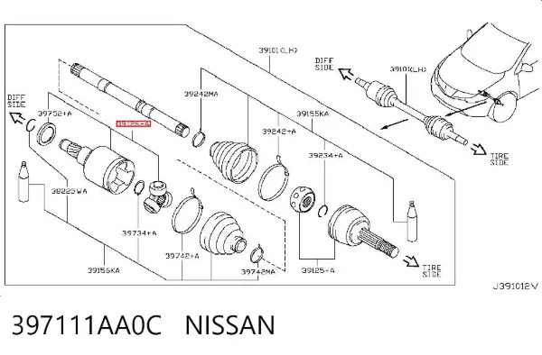 Junta homocinética interna dianteira esquerda 397111AA0C Nissan/Infiniti