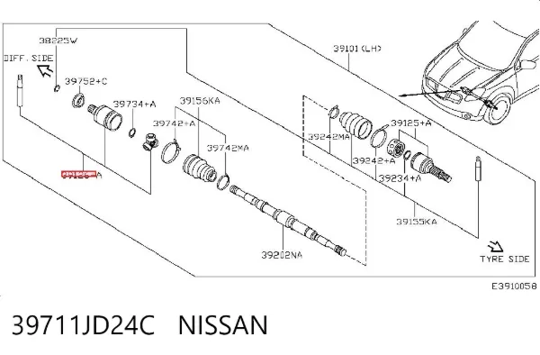 Junta homocinética interna dianteira esquerda 39711JD24C Nissan/Infiniti