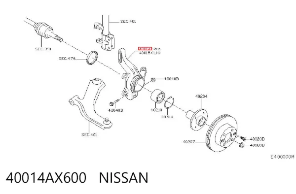 Pino moente (extremidade do eixo) dianteiro direito 40014AX600 Nissan/Infiniti