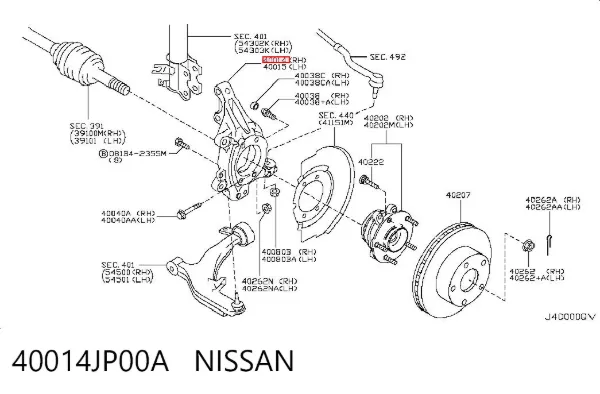Pino moente (extremidade do eixo) dianteiro direito 40014JP00A Nissan/Infiniti