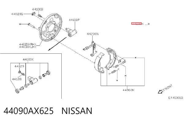 Kit de montagem das sapatas traseiras de tambor 44090AX625 Nissan/Infiniti