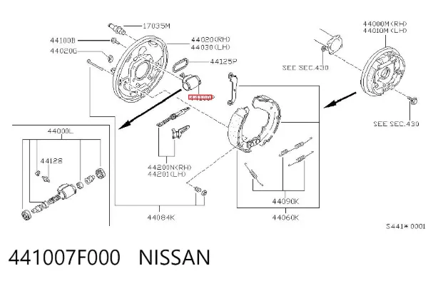 Cilindro traseiro do freio de rodas de trabalho 441007F000 Nissan/Infiniti