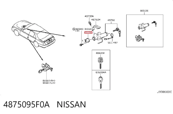 Grupo de contato de fecho de ignição 4875095F0A Nissan/Infiniti