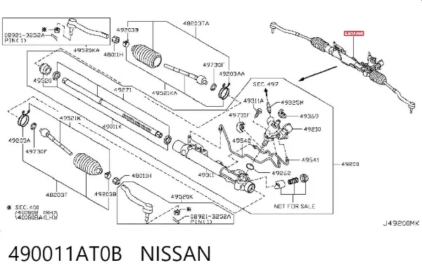 Cremalheira da direção 490011AT0B Nissan/Infiniti