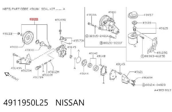 Kit de reparação da bomba da Direção hidrâulica assistida 4911950L25 Nissan/Infiniti