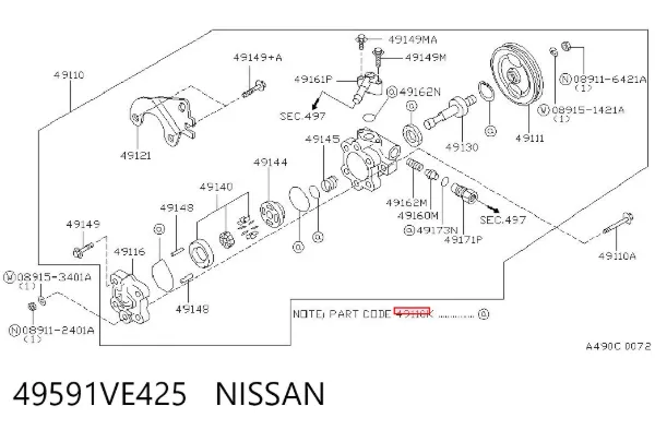 Kit de reparação da bomba da Direção hidrâulica assistida 49591VE425 Nissan/Infiniti