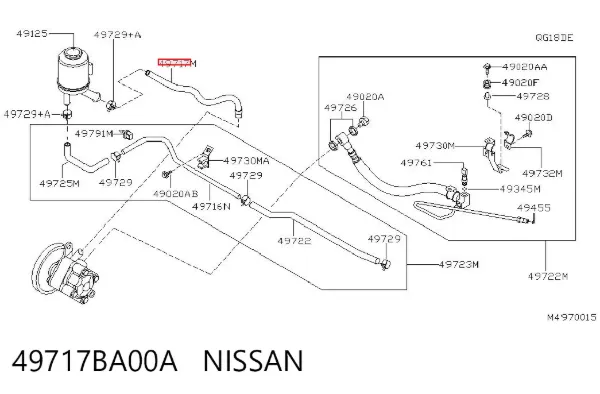 Mangueira da Direção hidrâulica assistida de pressão baixa, desde o tanque até a bomba 49717BA00A Nissan/Infiniti