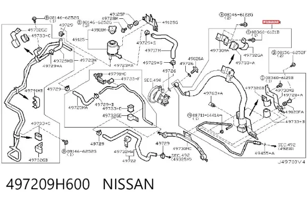 Mangueira da Direção hidrâulica assistida de pressão alta desde a bomba até a régua (do mecanismo) 497209H600 Nissan/Infiniti